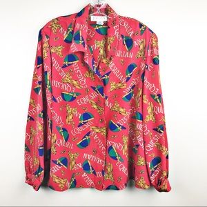 Vintage equestrian horse print button down blouse